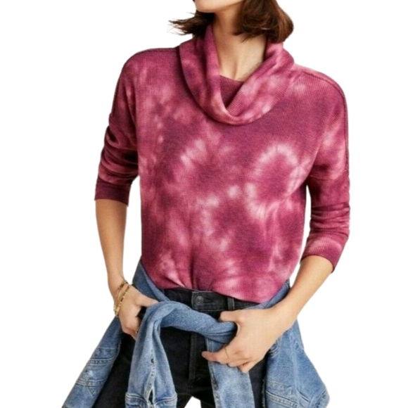 MAEVE Anthropologie Ainsley Pink Tie Dye Thermal Turtleneck Top Size S Boho - Picture 1 of 13